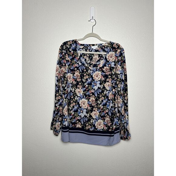 J Jill Floral Square Neck Blouse Rayon Long Sleeve Pullover Navy Size Large - Picture 1 of 4
